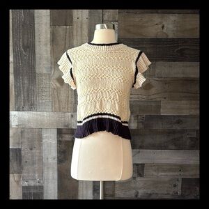 Cream Knit Short Sleeve Top with Navy Trim